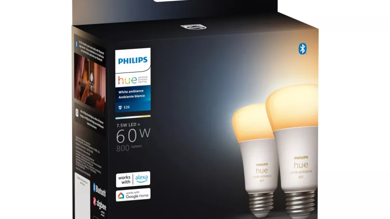 Philips Hue White Ambiance A19 60W Smart Bulb, 2-Pack